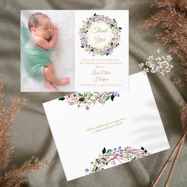 Carte Postale Faire-part Remerciement de naissance bébé photo fleurale lava (Créateur téléchargé)