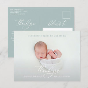 Carte Postale Faire-part Remerciement photo d'annonce de naissance en écrit