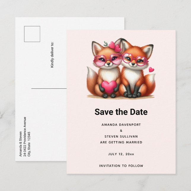 Carte Postale Faire-part Renards orange mignons en amour Mariage (Devant / Derrière)