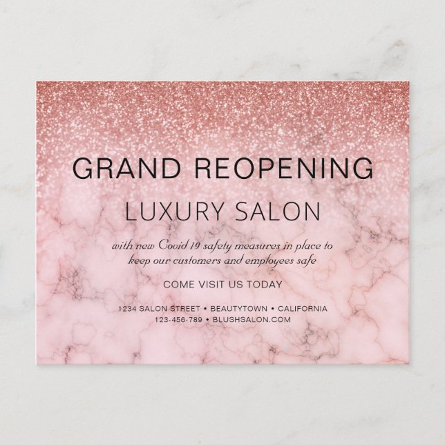 Carte Postale Faire-part Réouverture officielle Salon Pailleté Rose Gold (Devant)