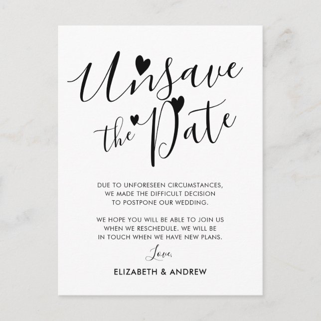 Carte Postale Faire-part Report de la date de mariage coeurs (Devant)