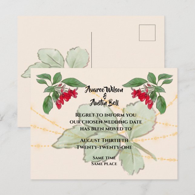 Carte Postale Faire-part Report de mariage aux roses rouges (Devant / Derrière)