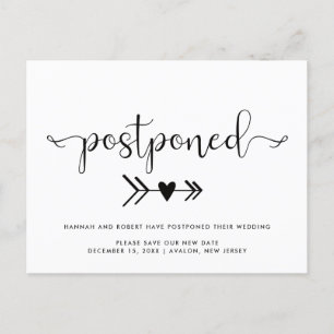 Carte Postale Faire-part Report de mariage & nouvelle date Cœur Noir Blanc