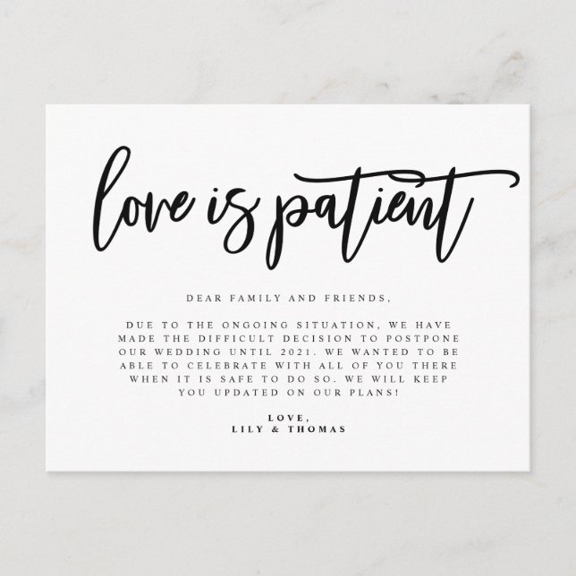 Carte Postale Faire-part Report de mariage par amour patient (Devant)