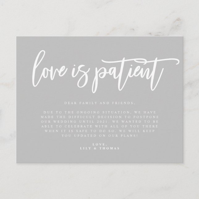 Carte Postale Faire-part Report de mariage par amour patient (Devant)