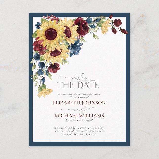 Carte Postale Faire-part Retarder la date Sunflower Bleu Bourgogne Mariage (Devant)