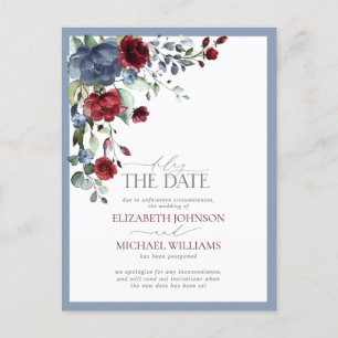 Carte Postale Faire-part Retarder le Mariage DateDusty Blue Burgundy