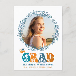 Carte Postale Faire-part Retro Floral Script Élégant Wreath Photo Gradué
