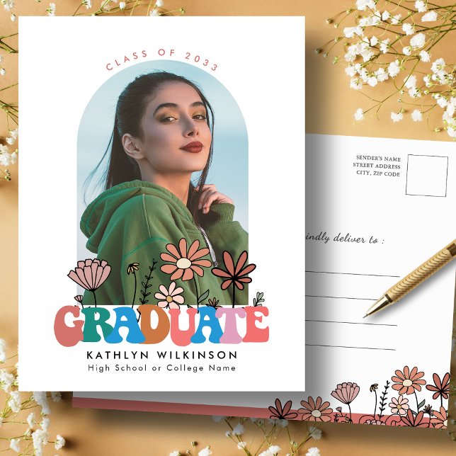 Carte Postale Faire-part Retro Super Boho Floral Arch Photo Graduation (Créateur téléchargé)