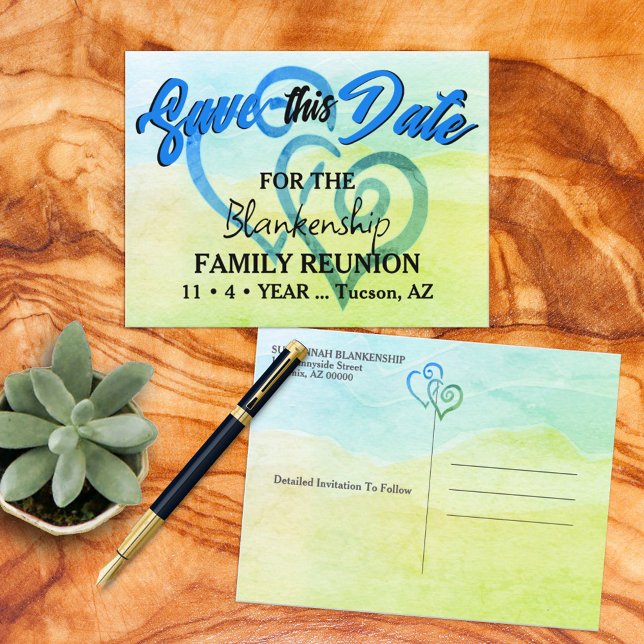 Carte Postale Faire-part Retrouvailles Familiales Sauvez La Date Coeurs Ver (This pastel watercolor family reunion designed SAVE THE DATE announcement is easy to personalize. )