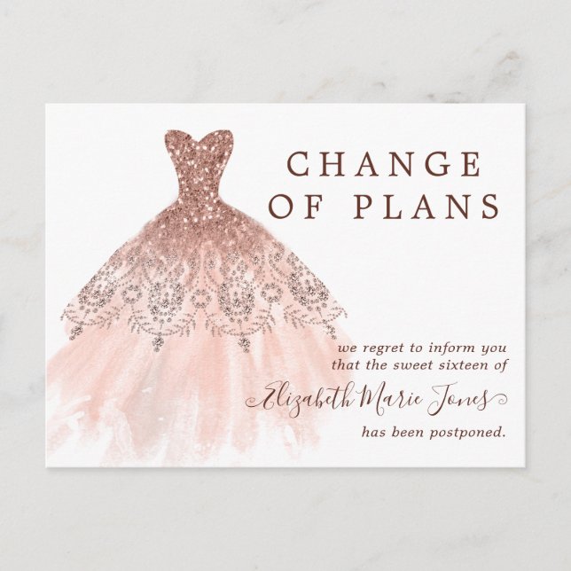 Carte Postale Faire-part Robe Rose Gold Sweet 16 Anniversaire Changement de (Devant)