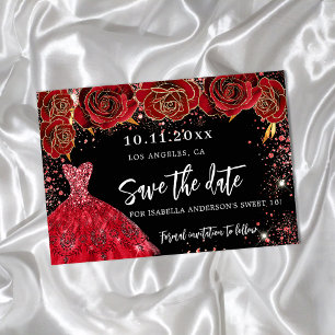 Carte Postale Faire-part Robe rouge noire pour les 16 ans enregistrer la da