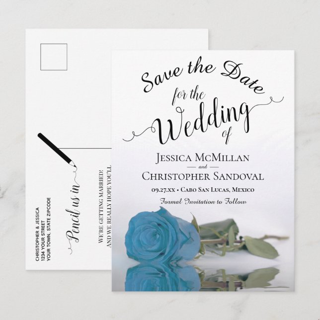 Carte Postale Faire-part Romantique Turquoise Bleu Rose Mariage Enregistrer (Devant / Derrière)
