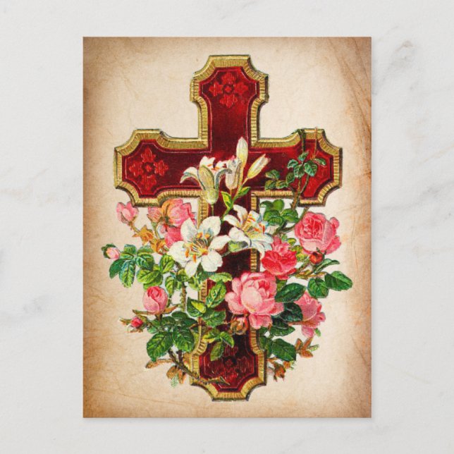 Carte Postale Faire-part Rose Ancienne et Croix Enregistrer la Date (Devant)