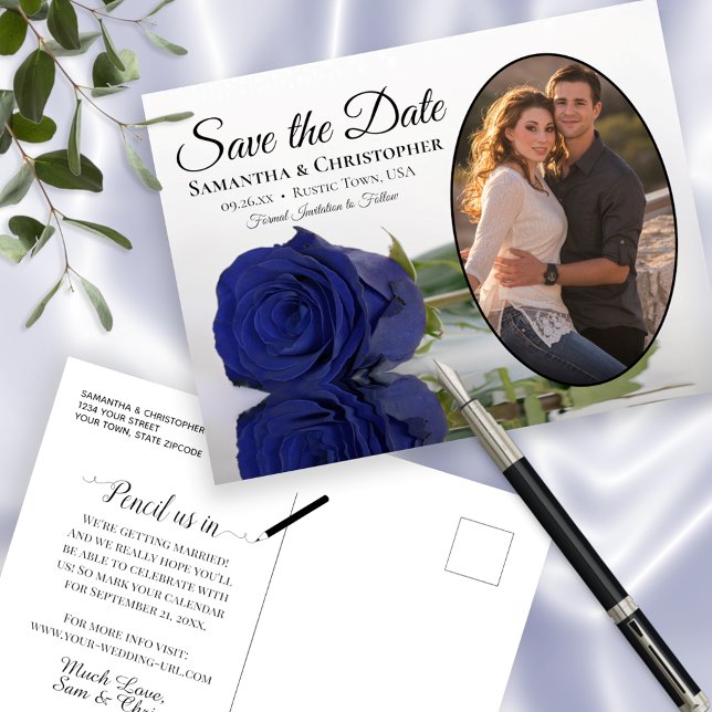 Carte Postale Faire-part Rose bleu Marine Oval Photo Wedding Enregistrer La (Créateur téléchargé)
