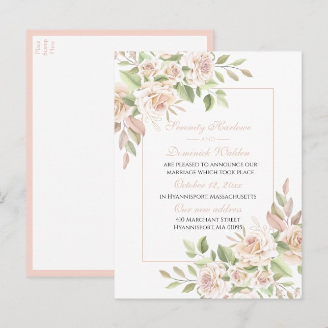 Carte Postale Faire-part Rose Élégante Florale Rose Mariage Mariés (Devant / Derrière)