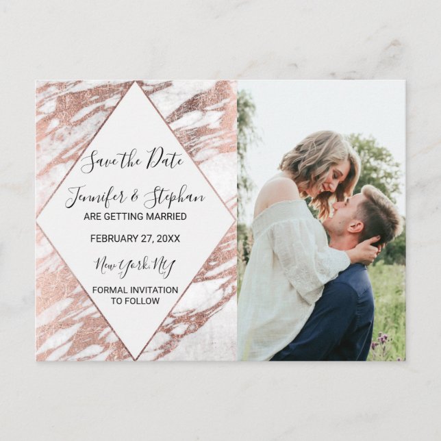 Carte Postale Faire-part Rose Gold Blanc Moderne Marbre Save the Date (Devant)