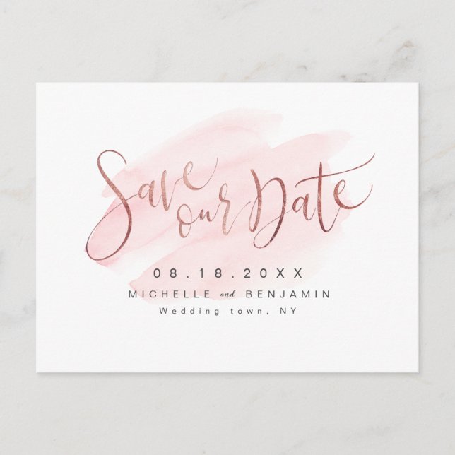 Carte Postale Faire-part Rose Gold Blush Modern Simple Script Enregistrer L (Devant)