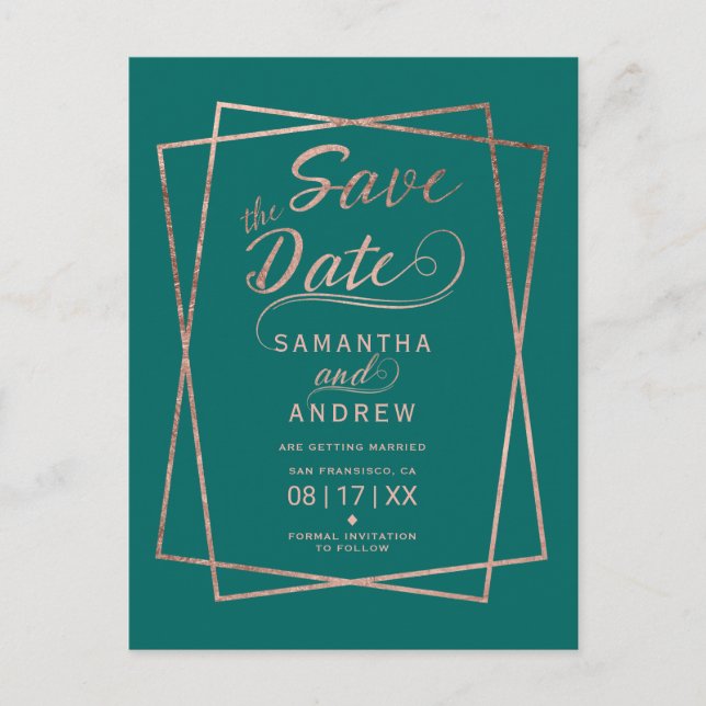 Carte Postale Faire-part Rose gold écriture géométrique vert save the date (Devant)