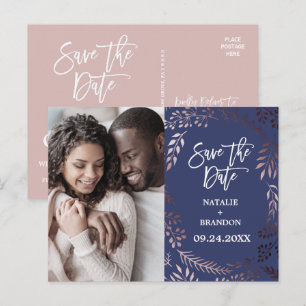 Carte Postale Faire-part Rose Gold Élégant Photo Navy Enregistrez la Date