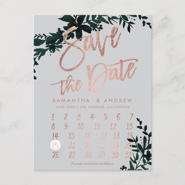 Carte Postale Faire-part Rose gold floral vert gris calendrier à retenir la (Devant)