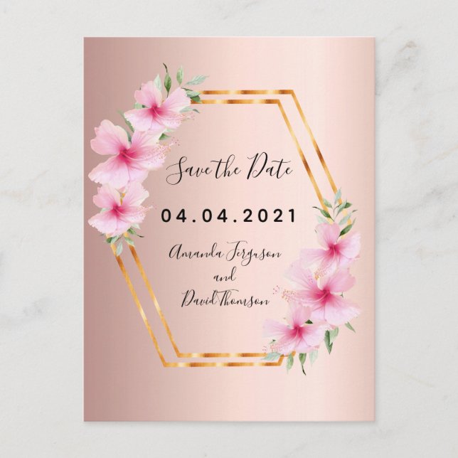 Carte Postale Faire-part Rose gold florales mariage Enregistrez la date (Devant)