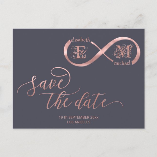 Carte Postale Faire-part Rose gold infini calligraphie monogramme romantiqu (Devant)