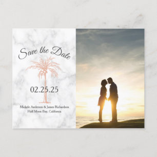 Carte Postale Faire-part Rose Gold Palm Tree Marble Mariage Enregistrer Dat