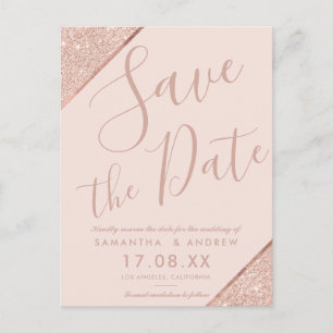 Carte Postale Faire-part Rose gold poudré écriture save the date rose en co