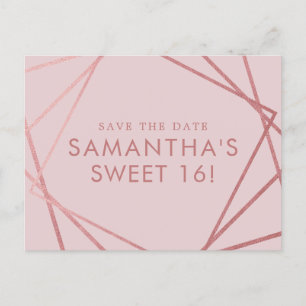 Carte Postale Faire-part Rose Gold rose Géométrique Sweet 16 Enregistrer la