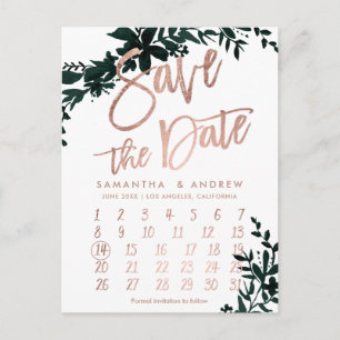 Carte Postale Faire-part Rose or floral blanc calendrier sauvegarder la dat
