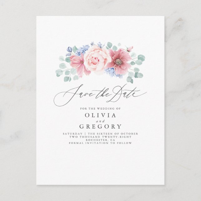 Carte Postale Faire-part Rose Poussiéreuse et Fleurs Bleues Poussiéreuses S (Devant)
