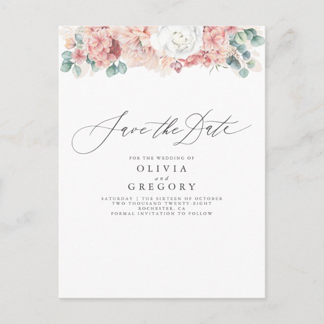 Carte Postale Faire-part Rose Poussiéreux et Fleurs de Péché à Sauvegarder  (Devant)