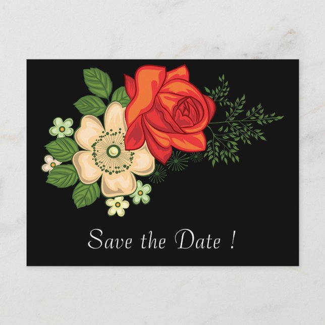 Carte Postale Faire-part Rose Rouge et Pâquerettes Enregistrez la Date 80e  (Devant)