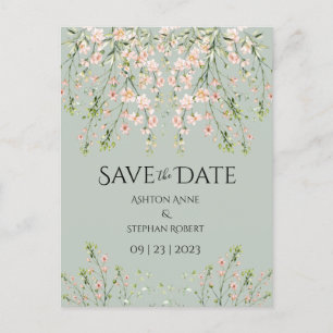 Carte Postale Faire-part Rose Sage Vert Fleurs sauvages Élégant Mariage Flo