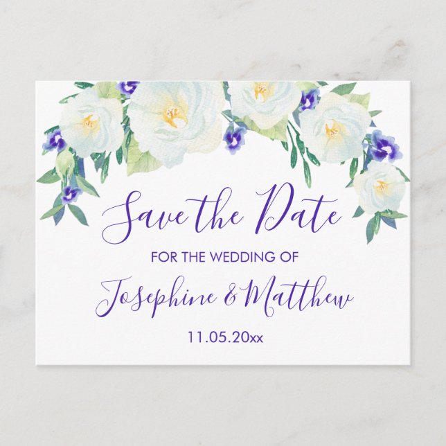Carte Postale Faire-part Roses Blanches & Violettes Enregistrez la Date (Devant)