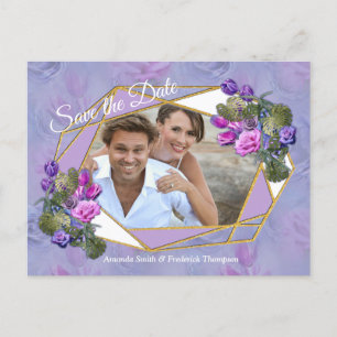 Carte Postale Faire-part Roses et tulipes aquarelles bleu-violet et or c