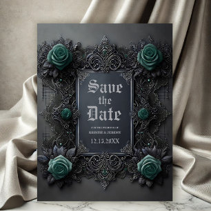 Carte Postale Faire-part Roses gothiques Turquoises bleus sur gris Enregist