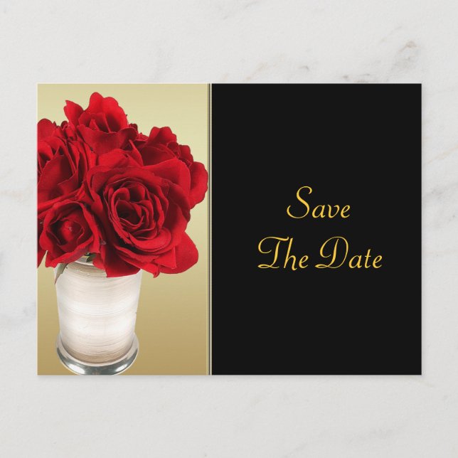 Carte Postale Faire-part Roses rouges & coeurs, mariage or et noir (Devant)