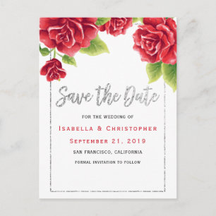 Carte Postale Faire-part Roses rouges et Parties scintillant d'argent Enreg