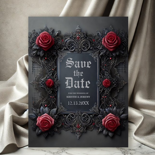 Carte Postale Faire-part Roses rouges gothiques sur gris Enregistrer la dat (Gothic Save the Date postcard with Red Roses on a dark gray background.)