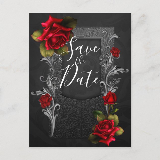 Carte Postale Faire-part Roses Rouges Ornement Gothique Mariage Épargnez la (Devant)