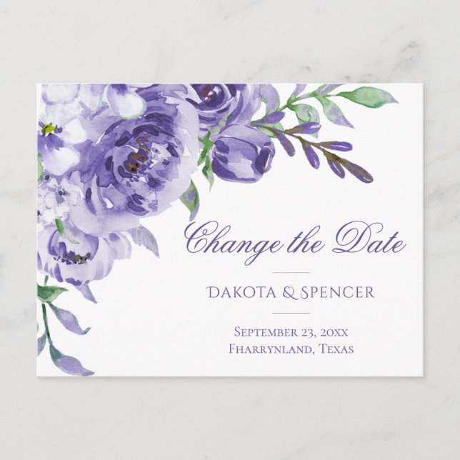 Carte Postale Faire-part Roses Violettes | Changement élégant de date à l'a (Devant)