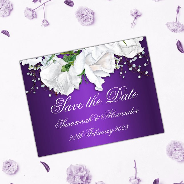 Carte Postale Faire-part Roses violettes et blanches Enregistrer la date (Créateur téléchargé)