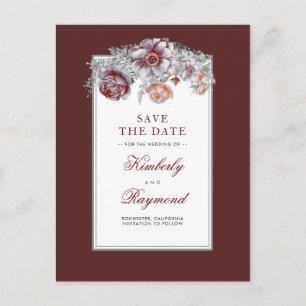 Carte Postale Faire-part Rouge Bourgogne Floral Vintage Enregistrer la Date