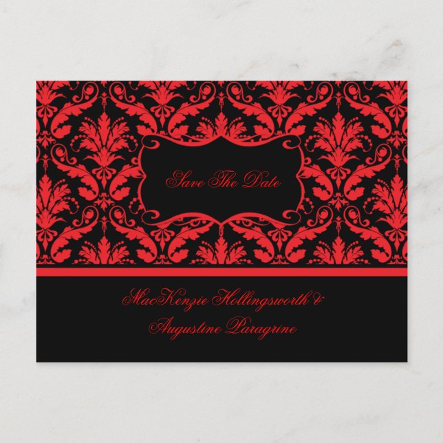 Carte Postale Faire-part Rouge et Noir Damassé Sauvegarder La Date (Devant)