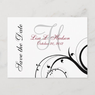 Carte Postale Faire-part Rouge, Gris, Black Swirls Enregistrer la date Cart