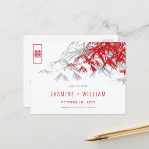 Carte Postale Faire-part Rouge Gris Zen Bambou Mariage Chinois Enregistrer