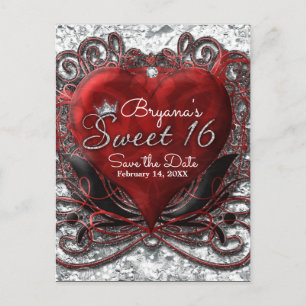 Carte Postale Faire-part Rouge & Noir Coeur Foil Look Sweet 16 Enregistrer
