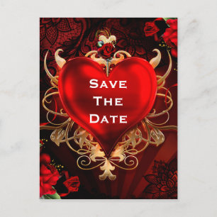 Carte Postale Faire-part Rouge & Or Gothique Cœur Amour Mariage Enregistrer